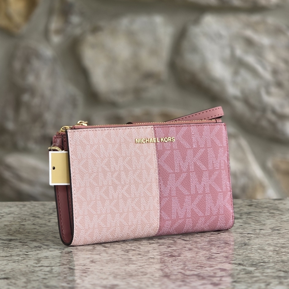 Michael Kors Jet Set Color-Block Pink Double Zip Wristlet - Picture 1 of 6